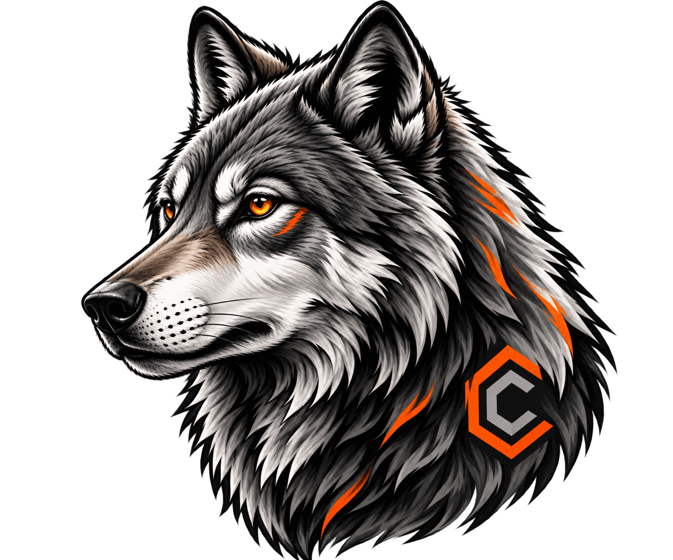 Caceres wolf with orange accents and the Caceres symbol